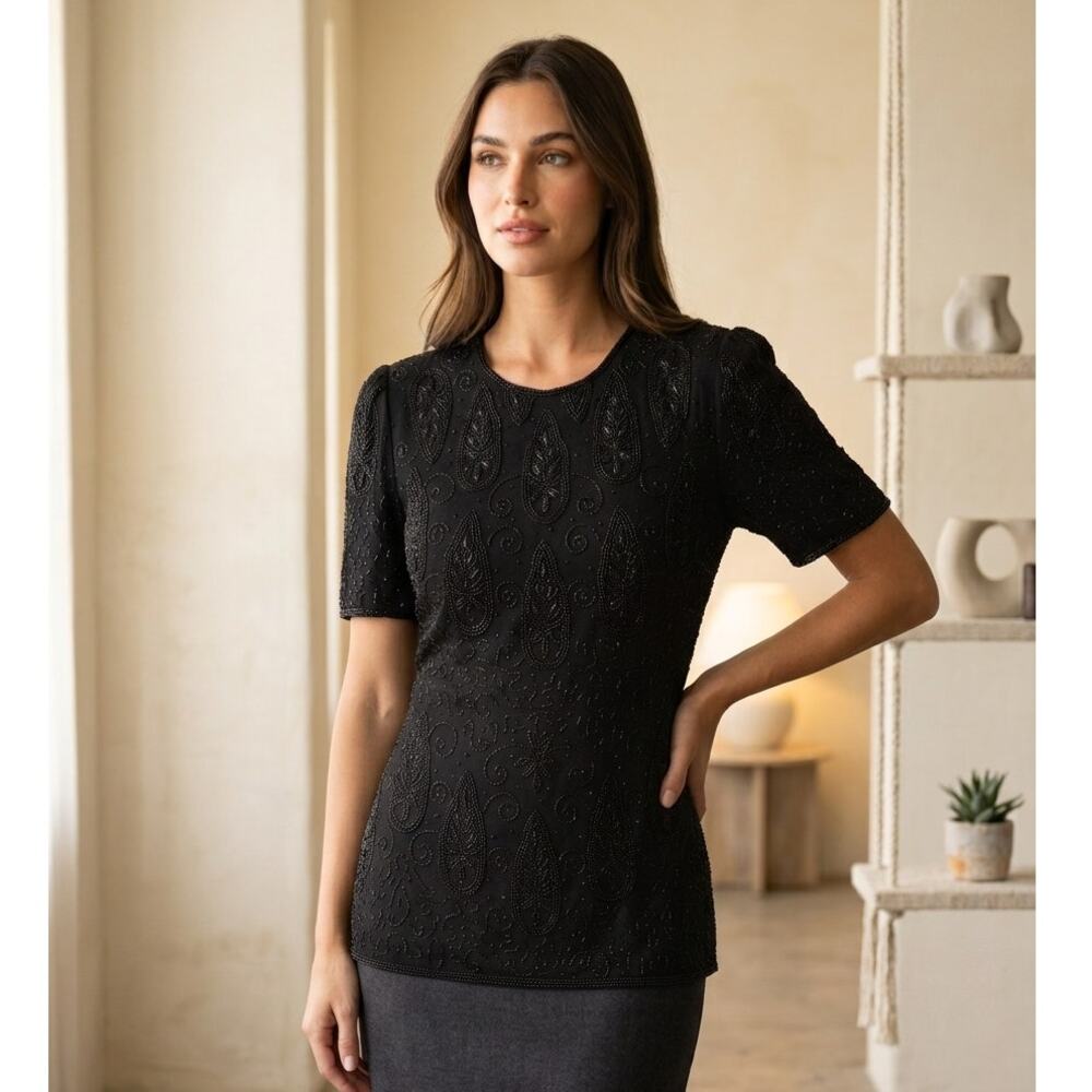 Vintage Sequin Top Laurence Kazar Evening Blouse Womens M Black Beaded